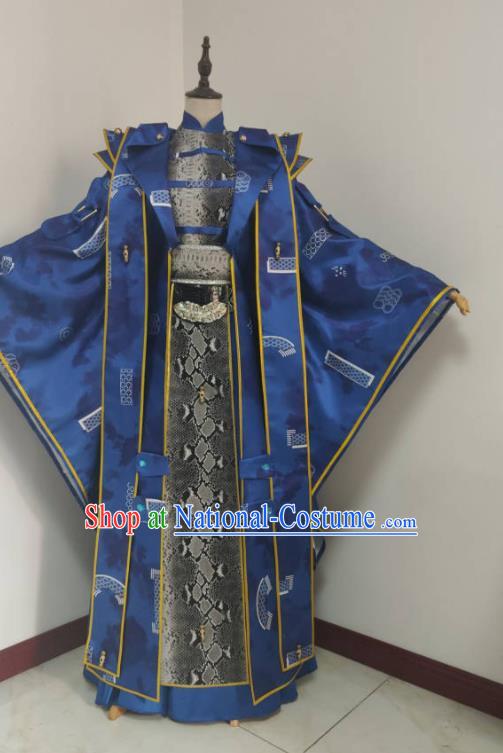 Chinese Traditional Cosplay Swordsman King Clothing Puppet Show Royal Highness Garment Costumes Ancient Emperor Blue Uniforms