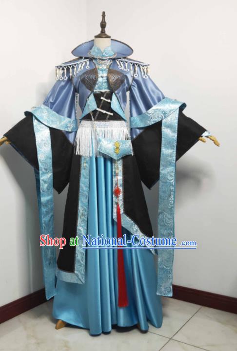 China Cosplay Young Beauty Blue Dress Outfits Traditional Puppet Show Swordswoman Garment Costumes Ancient Queen Clothing