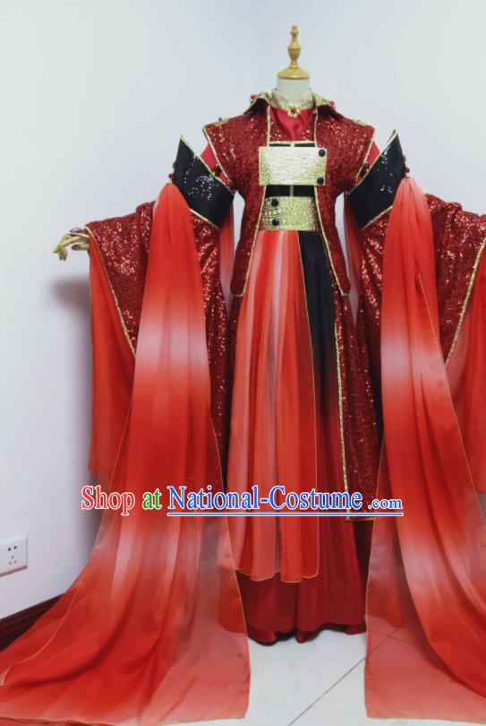 Chinese Ancient Demon King Red Uniforms Traditional Cosplay Swordsman Clothing Puppet Show Royal Highness Garment Costumes