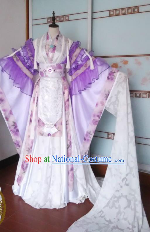 China Traditional Puppet Show Feng Cailing Garment Costumes Ancient Empress Clothing Cosplay Queen Water Sleeve Purple Dress Outfits