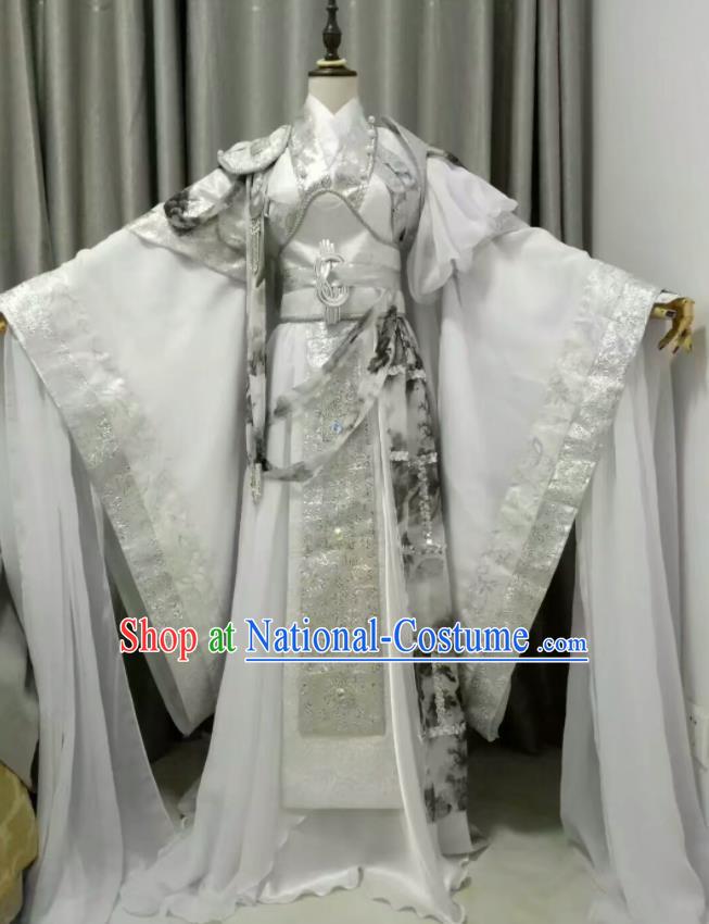 Chinese Ancient Taoist Priest White Uniforms Traditional Cosplay Swordsman Clothing Puppet Show Royal Prince Garment Costumes