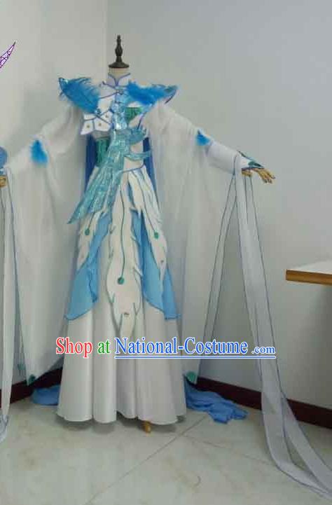 China Cosplay Bird Fairy Blue Dress Outfits Traditional Puppet Show Princess Garment Costumes Ancient Goddess Clothing