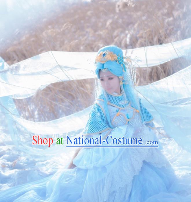 China Cosplay Princess Blue Dress Outfits Traditional Puppet Show Goddess Garment Costumes Ancient Fairy Clothing