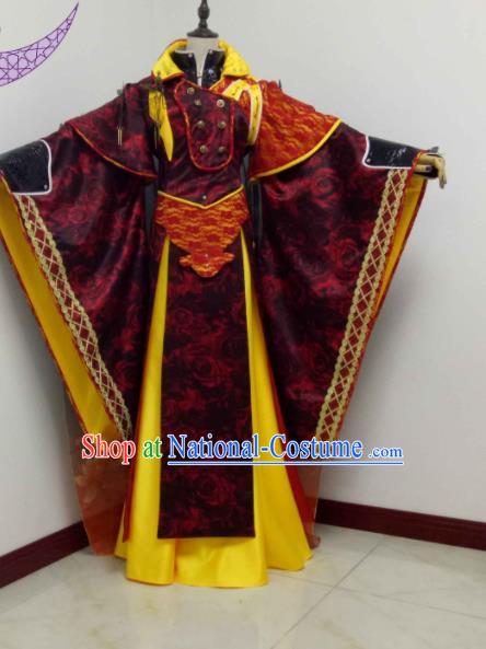 Chinese Ancient Monarch Wine Red Robe Uniforms Traditional Cosplay Swordsman King Clothing Puppet Show Chivalrous Emperor Garment Costumes