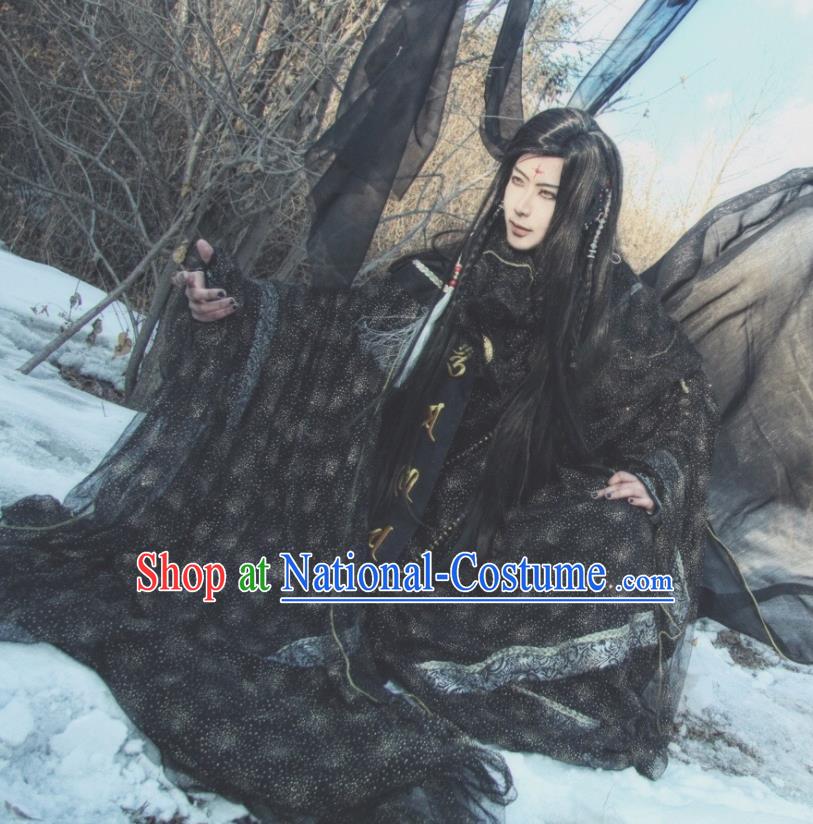 Chinese Traditional Cosplay Swordsman Clothing Puppet Show Warrior Monk Garment Costumes Ancient Chivalrous Knight Black Robe Uniforms