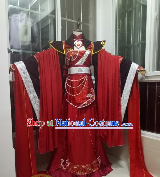 China Traditional Puppet Show Empress Garment Costumes Ancient Queen Clothing Cosplay Goddess Red Dress Outfits