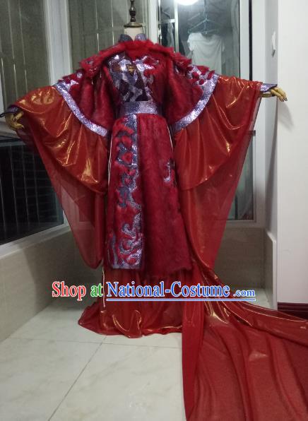 Chinese Ancient Demon King Red Uniforms Traditional Cosplay Swordsman Clothing Puppet Show Royal Highness Garment Costumes