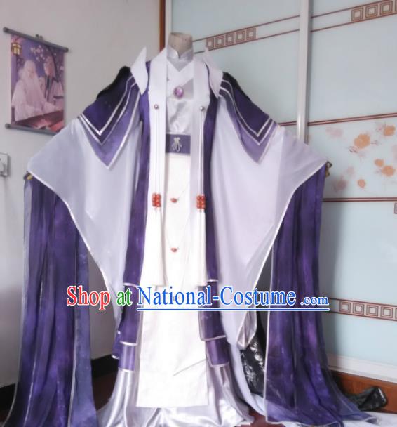 Chinese Puppet Show Royal Highness Garment Costumes Ancient Swordsman Purple Uniforms Traditional Cosplay Prince Clothing