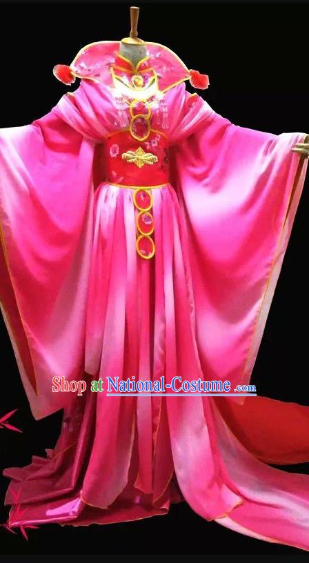 China Cosplay Queen Rosy Dress Outfits Traditional Puppet Show Empress Garment Costumes Ancient Swordswoman Clothing