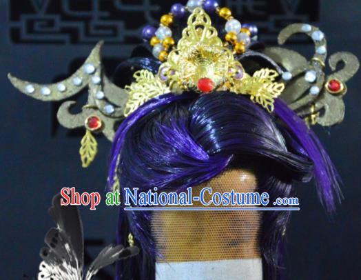 Handmade China Traditional Puppet Show Prince Headdress Ancient Swordsman Hair Accessories Cosplay Chivalrous Male Purple Wigs and Hair Crown