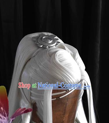 Handmade China Cosplay Taoist Priest White Wigs and Hair Crown Traditional Puppet Show Bie Xiaolou Headdress Ancient Swordsman Hair Accessories