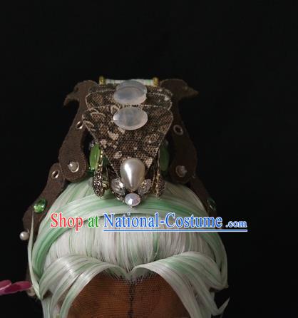 Handmade China Ancient Swordsman Hair Accessories Cosplay Taoist Priest Light Green Wigs and Hair Crown Traditional Puppet Show Mo Cangli Headdress