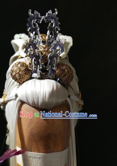 Handmade China Traditional Puppet Show Mo Qingchi Headdress Ancient Swordsman Hair Accessories Cosplay Taoist Priest White Wigs and Hair Crown