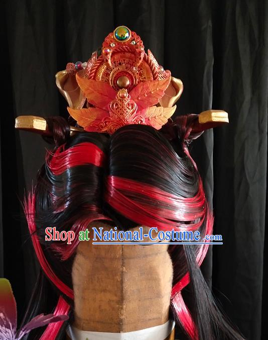 Handmade China Cosplay Royal King Red Wigs and Hair Crown Traditional Puppet Show Monarch Headdress Ancient Swordsman Hairpieces