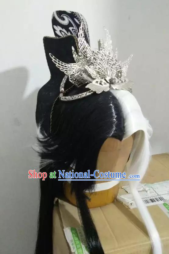 Handmade China Traditional Puppet Show Young Knight Headdress Ancient Swordsman Hairpieces Cosplay Hero Wigs and Hair Crown