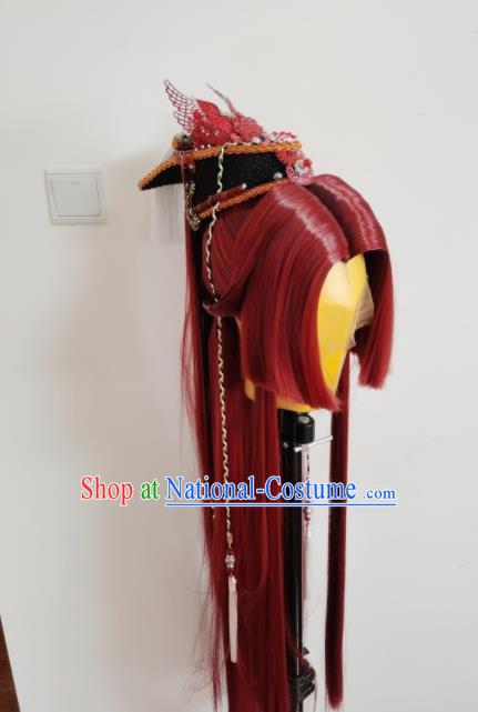 Handmade China Cosplay Hero Red Wigs and Hair Crown Traditional Puppet Show Young Knight Headdress Ancient Swordsman Hairpieces