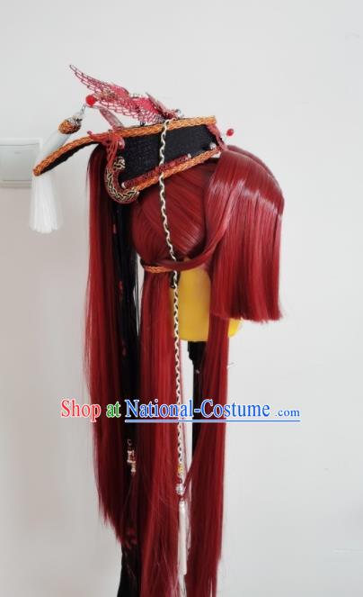 Handmade China Cosplay Hero Red Wigs and Hair Crown Traditional Puppet Show Young Knight Headdress Ancient Swordsman Hairpieces