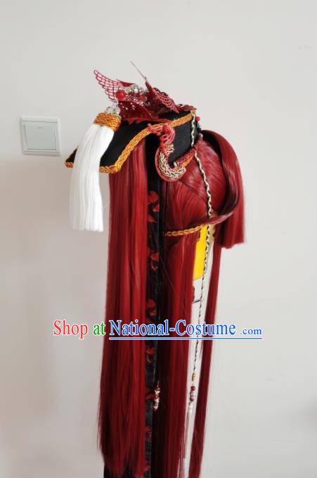 Handmade China Cosplay Hero Red Wigs and Hair Crown Traditional Puppet Show Young Knight Headdress Ancient Swordsman Hairpieces