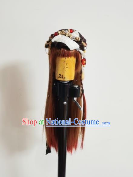 Chinese Ancient Goddess Headdress Traditional Puppet Show Swordswoman Hairpieces Cosplay Female Knight Brown Wigs and Hat