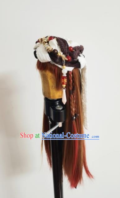 Chinese Ancient Goddess Headdress Traditional Puppet Show Swordswoman Hairpieces Cosplay Female Knight Brown Wigs and Hat