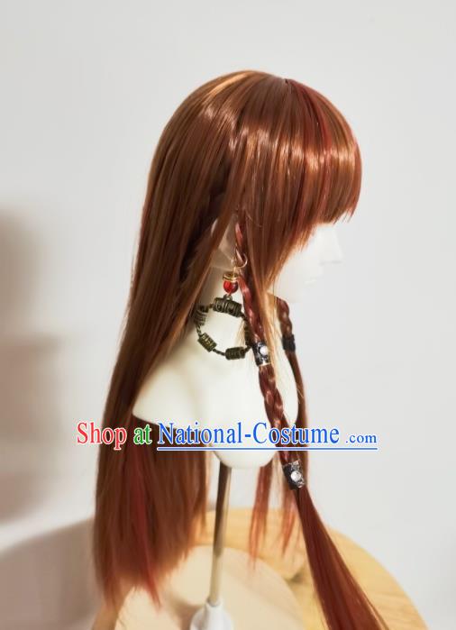 Chinese Ancient Goddess Headdress Traditional Puppet Show Swordswoman Hairpieces Cosplay Female Knight Brown Wigs and Hat