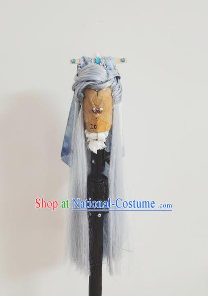 Handmade China Cosplay Taoist Priest Blue Wigs and Hair Crown Traditional Puppet Show Headdress Ancient Young Childe Hairpieces