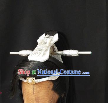 Handmade China Cosplay Young Hero Black Wigs and Hair Crown Traditional Puppet Show Shi Yanwen Headdress Ancient Swordsman Hair Accessories