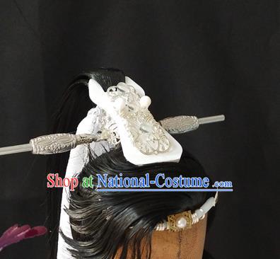 Handmade China Cosplay Young Hero Black Wigs and Hair Crown Traditional Puppet Show Shi Yanwen Headdress Ancient Swordsman Hair Accessories