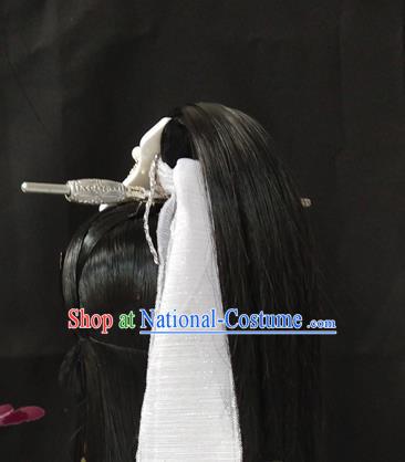 Handmade China Cosplay Young Hero Black Wigs and Hair Crown Traditional Puppet Show Shi Yanwen Headdress Ancient Swordsman Hair Accessories