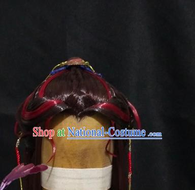 Handmade China Ancient Swordsman Hairpieces Cosplay Young Hero Brown Wigs and Hair Crown Traditional Puppet Show Knight Headdress