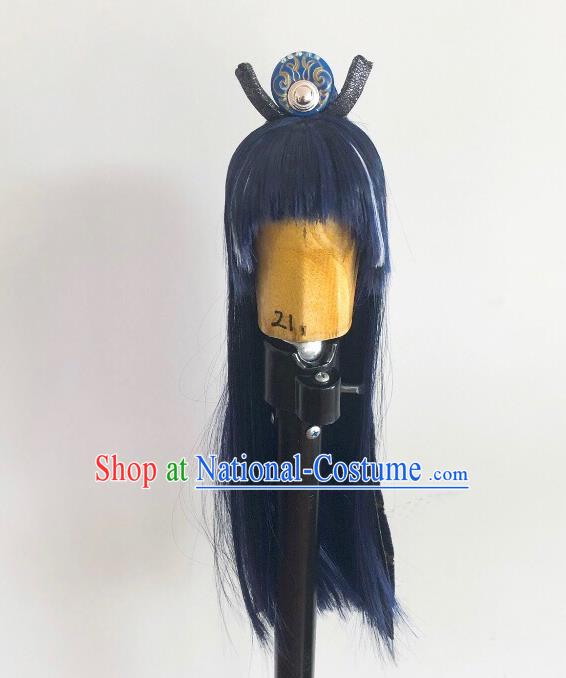 Handmade China Ancient Young Hero Hairpieces Cosplay Knight Blue Wigs and Hair Crown Traditional Puppet Show Swordsman Headdress