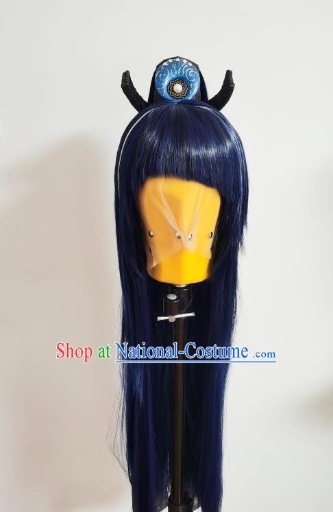 Handmade China Traditional Puppet Show Swordsman Headdress Ancient Young Hero Hairpieces Cosplay Knight Blue Wigs and Hair Crown