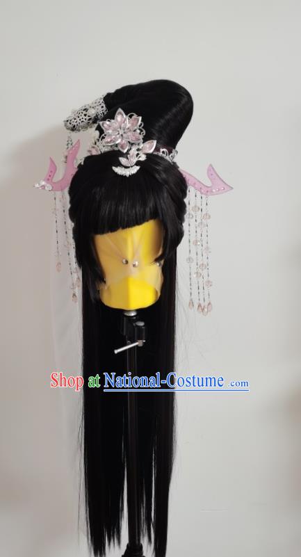 Chinese Cosplay Goddess Black Wigs and Hairpins Ancient Imperial Concubine Headdress Traditional Puppet Show Princess Hairpieces