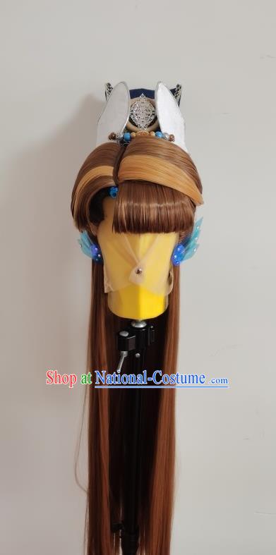 Handmade China Cosplay Swordsman Yellow Wigs and Hair Crown Traditional Puppet Show Yan Qinghan Headdress Ancient Young Hero Hairpieces