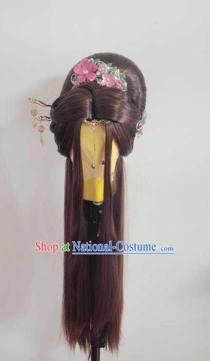 Chinese Traditional Puppet Show Princess Li Jianshi Hairpieces Cosplay Goddess Brown Wigs and Hairpins Ancient Imperial Concubine Headdress