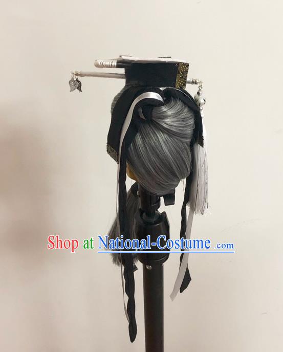 Handmade China Traditional Puppet Show Taoist Headdress Ancient Royal Duke Hairpieces Cosplay Swordsman Gray Wigs and Hair Crown