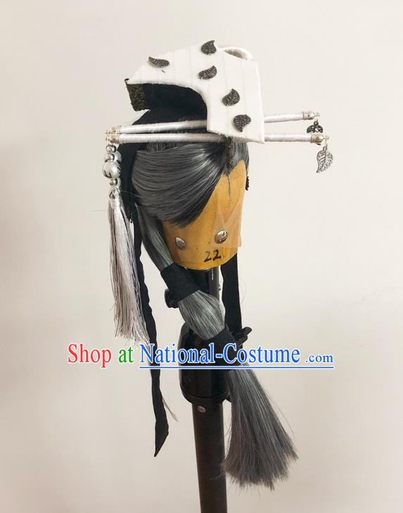 Handmade China Traditional Puppet Show Taoist Headdress Ancient Royal Duke Hairpieces Cosplay Swordsman Gray Wigs and Hair Crown