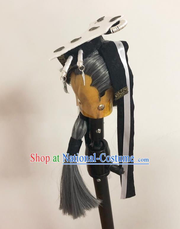 Handmade China Traditional Puppet Show Taoist Headdress Ancient Royal Duke Hairpieces Cosplay Swordsman Gray Wigs and Hair Crown