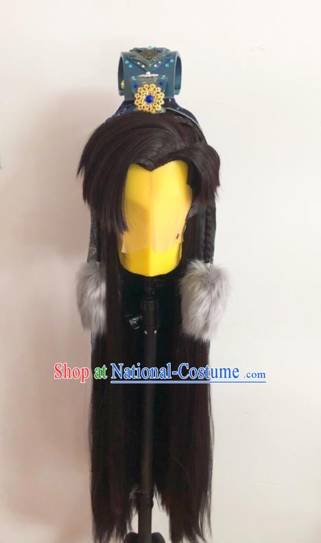 Handmade China Cosplay Swordsman Black Wigs and Hair Crown Traditional Puppet Show Hero Headdress Ancient Noble Childe Hairpieces