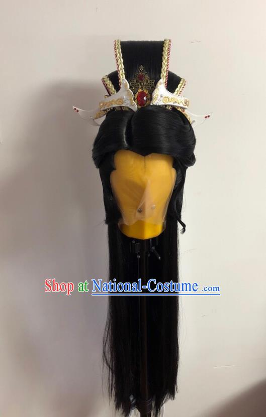 Handmade China Traditional Puppet Show Royal Prince Headdress Ancient King Hairpieces Cosplay Swordsman Mo Lisao Black Wigs and Hair Crown