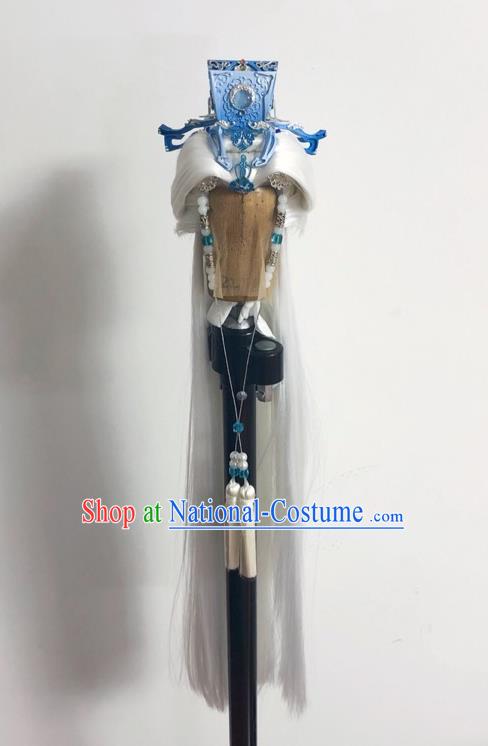 Handmade China Cosplay Swords Immortal White Wigs and Hair Crown Traditional Puppet Show Chivalrous Male Headdress Ancient Taoist Priest Hairpieces