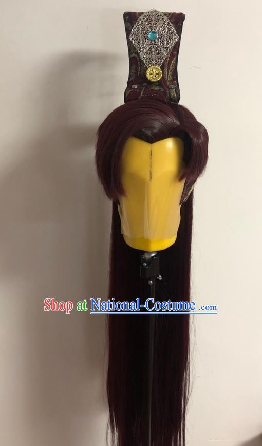 Handmade China Ancient Young Knight Hairpieces Cosplay Swordsman Brown Wigs and Hair Crown Traditional Puppet Show Wolf King Headdress