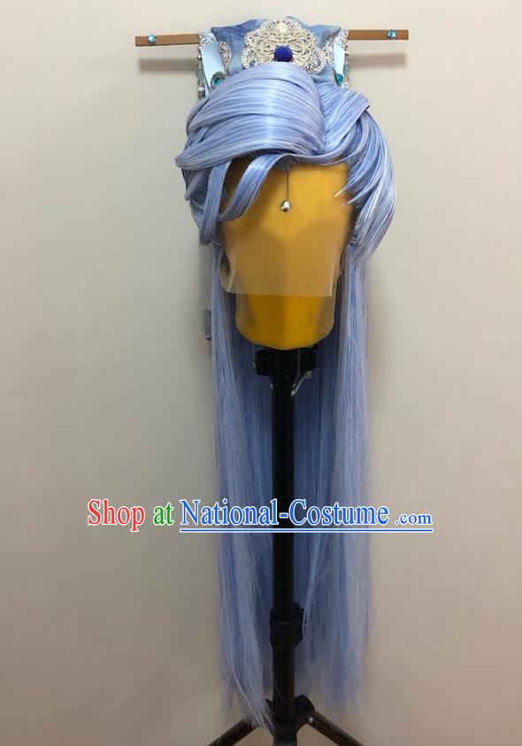 Handmade China Ancient Young Knight Hairpieces Cosplay Noble Childe Blue Wigs and Hair Crown Traditional Puppet Show Swordsman Headdress