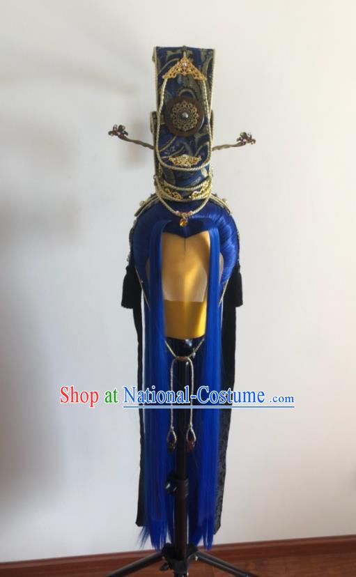 Handmade China Traditional Puppet Show Yue Jiaozi Hairpieces Ancient Swordsman Headdress Cosplay King Royalblue Wigs and Hair Crown