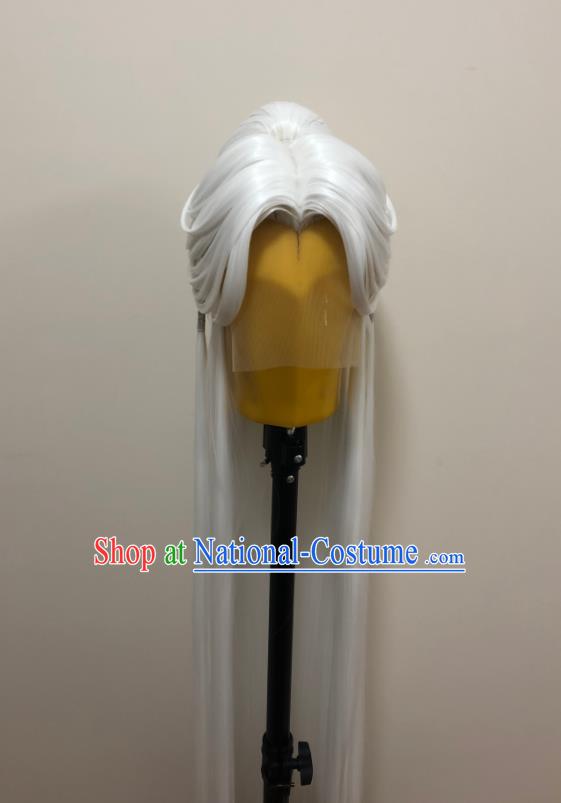 Handmade China Cosplay Elderly Male White Wigs Traditional Puppet Show Yi Tianzi Hairpieces Ancient Swordsman Headdress