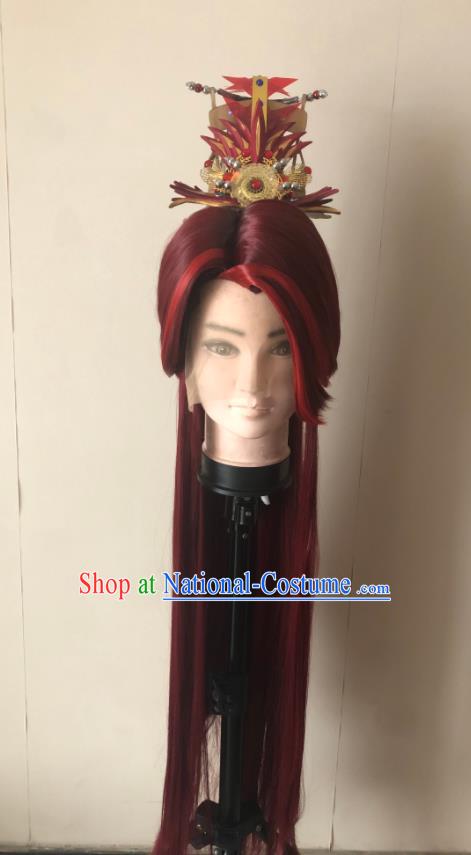 Handmade China Ancient Swordsman Headdress Cosplay Noble Childe Red Wigs and Hair Crown Traditional Puppet Show Prince Hairpieces