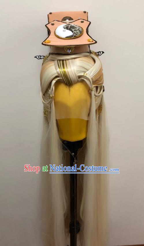 Handmade China Ancient Emperor Headdress Cosplay Swordsman Golden Wigs and Hair Crown Traditional Puppet Show Taoist Juan Shoutian Hairpieces