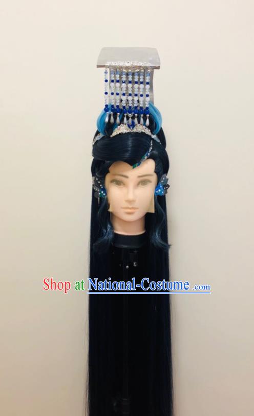 Handmade China Traditional Puppet Show Ao Qiansui Hairpieces Ancient Swordsman Headdress Cosplay Dragon King Wigs and Hair Crown