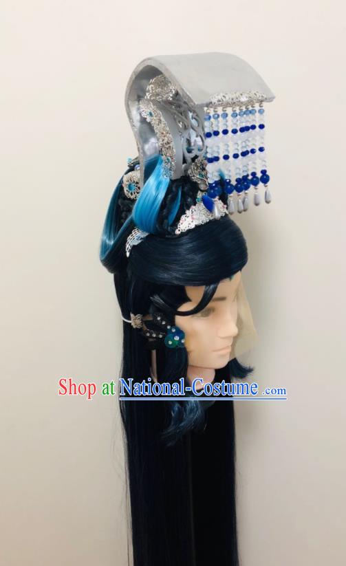 Handmade China Traditional Puppet Show Ao Qiansui Hairpieces Ancient Swordsman Headdress Cosplay Dragon King Wigs and Hair Crown