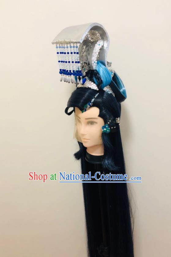 Handmade China Traditional Puppet Show Ao Qiansui Hairpieces Ancient Swordsman Headdress Cosplay Dragon King Wigs and Hair Crown